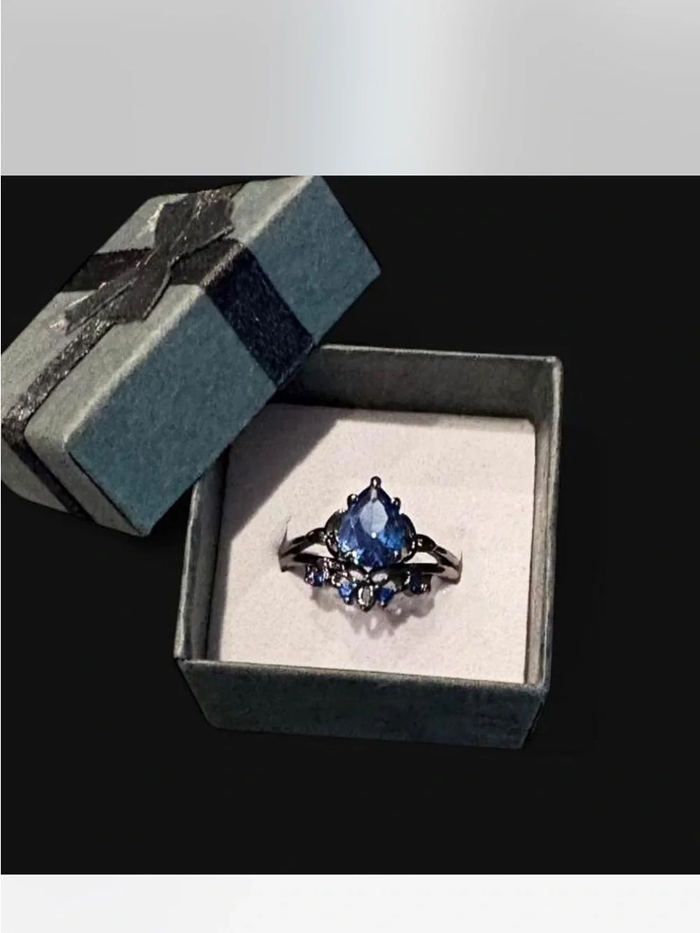 Blue Teardrop Cubic Zirconia Statement Ring - Set in Black